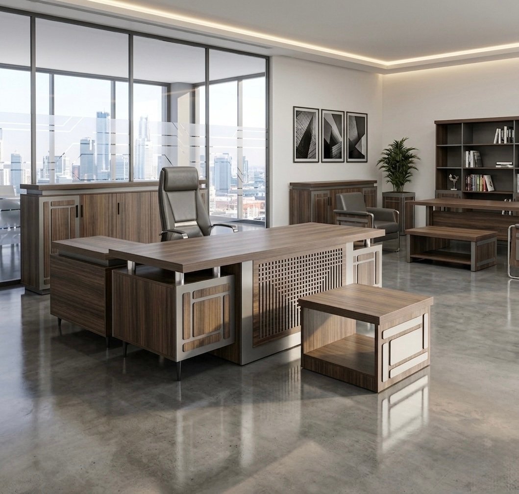Luxurious Modern Office Set Dark Wood & Metallic Silver