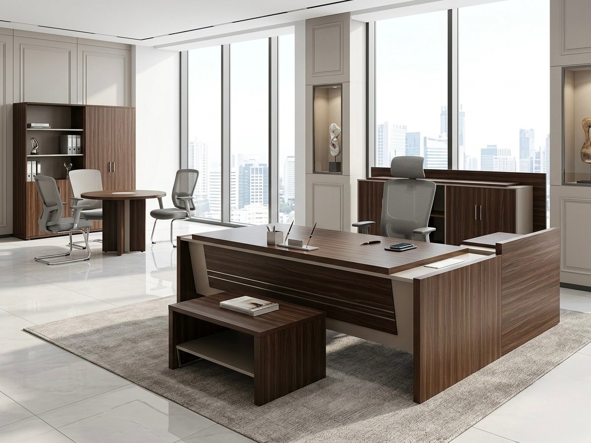 Luxurious Modern Office Set Deep Walnut & Slate Grey