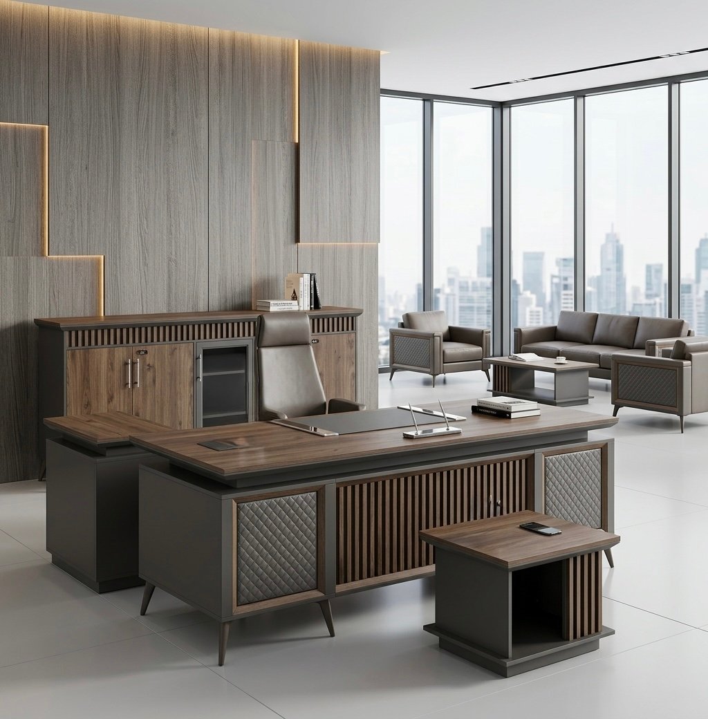 Luxurious Modern Office Set Walnut & Grey