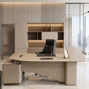 Luxurious Modern Office Set – Curved Matte Beige Executive Desk with LED Border, Black Leather Chair & Backlit Wall Cabinet