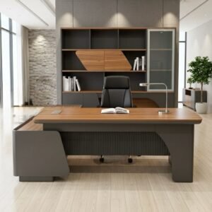 Luxurious Modern Office Set – Dark Walnut Desk with Matte Grey Base & Black Leather Chair