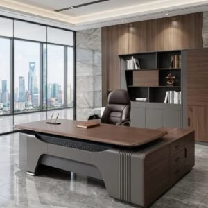 Luxurious Modern Office Set – Dark Walnut Desk with Matte Grey Curved Base, Perforated Details & Dark Brown Leather Chair