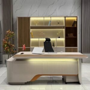 Luxurious Modern Office Set – Fluted Cream Desk with LED Accents & Black Ergonomic Chair