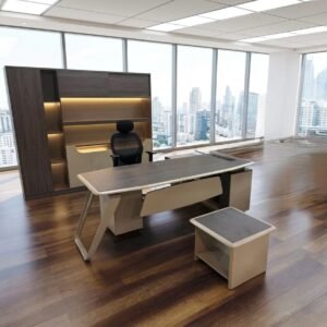 Luxurious Modern Office Set – Grey Ash Desk with Mesh Ergonomic Chair & Backlit Storage Cabinet
