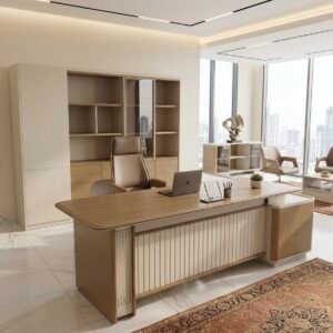 Light Oak Luxurious Modern Office Set with Tan Leather High-Back Chair and Open-Shelf Cabinet
