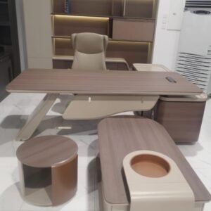 Luxurious Modern Office Set – Light Walnut Desk with Beige Angled Legs, Matching Leather Chair, Round Side Table & Backlit Wall Cabinet