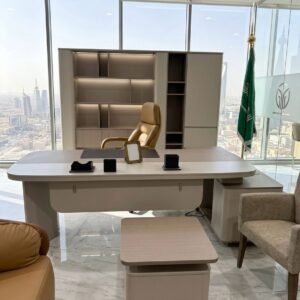 Luxurious Modern Office Set – Modern Beige Desk with Tan Leather Chair & Backlit Cabinet