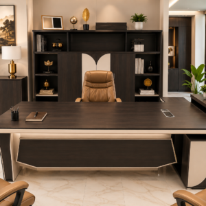 Luxurious Modern Office Set – Premium Dark Espresso Desk with Cream Accents & Tan Tufted Leather Chairs
