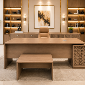 Luxurious Modern Office Set – Premium Oak Desk with Lattice Patterns & Tan Leather Chair