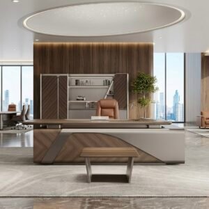 Luxury executive office set with 260 cm walnut desk and LED cabinet