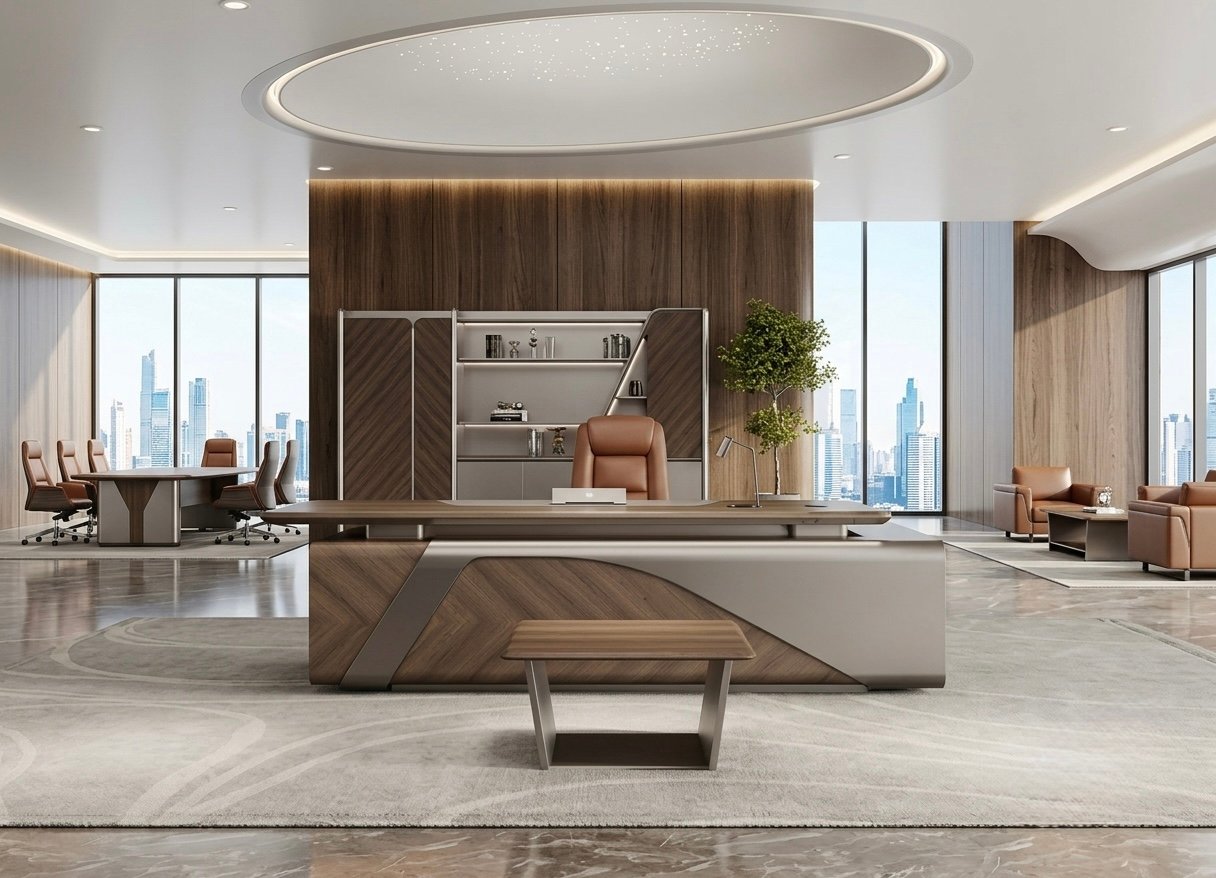 Luxury executive office set with 260 cm walnut desk and LED cabinet