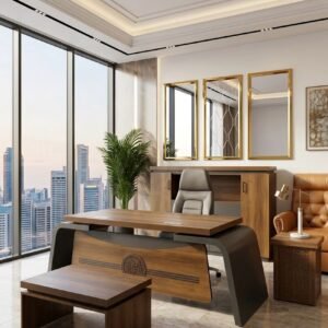 Luxurious Modern Office Set – Teak Desk with Curved Grey Arch Legs & Grey Leather Chair