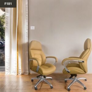 Luxury Chinese Leather High Back Executive Chair – Mustard Tan Segmented Cushioning Aluminum Armrests Chrome Base