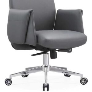 Luxury Chinese Leather Medium Back Executive Chair – Slate Grey Wrapped Armrests Chrome Star Base