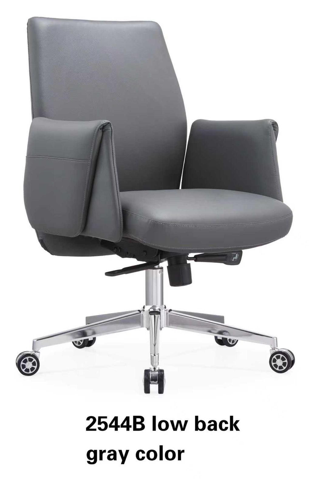 Luxury Chinese Leather Medium Back Executive Chair – Slate Grey Wrapped Armrests Chrome Star Base