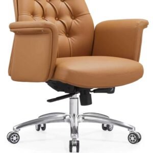 Luxury Chinese Leather Medium Back Executive Chair – Tan Beige Tufted Backrest Padded Armrests
