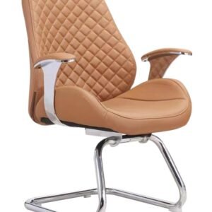 Luxury Chinese Leather Visitor Chair – Tan Beige Diamond Quilted Backrest Chrome Fixed Armrests Cantilever Base