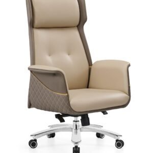 Luxury Executive Chair – Beige & Taupe Winged Headrest Quilted Panels Tufted Chrome Base