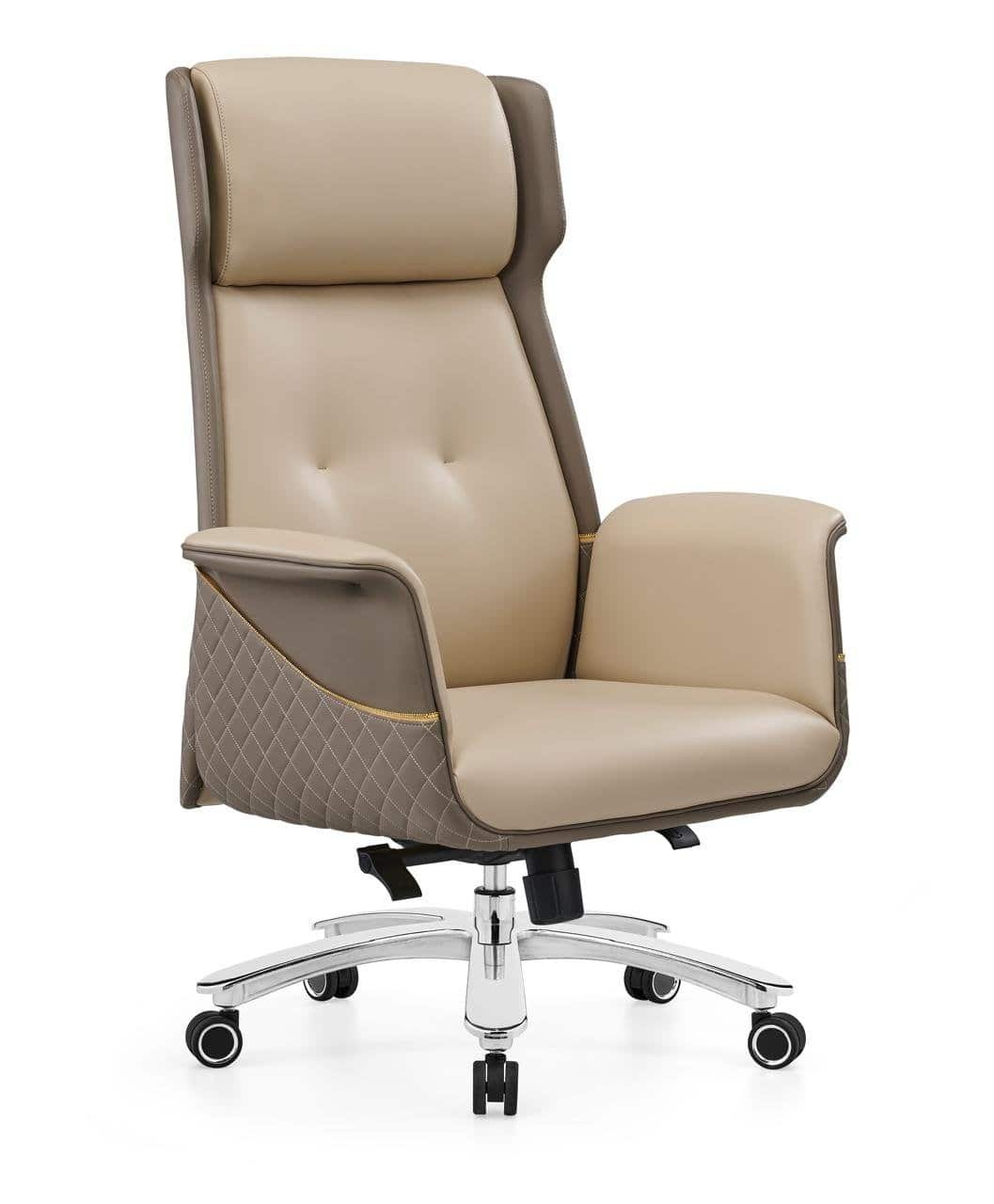 Luxury Executive Chair – Beige & Taupe Winged Headrest Quilted Panels Tufted Chrome Base