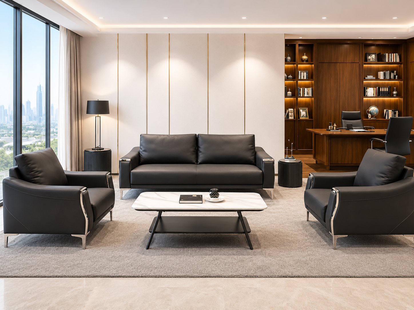 Modern Chinese Black Leather Sofa Set