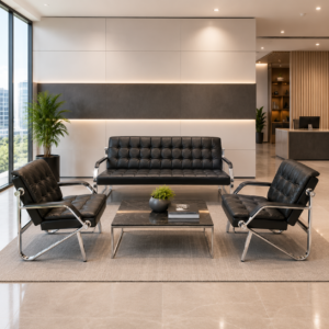 Modern Chinese Black Tufted Leather Sofa Set with Chrome Frame
