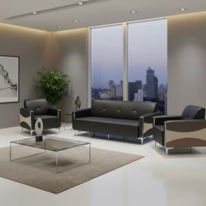 Modern Chinese Black and Beige Leather Sofa Set