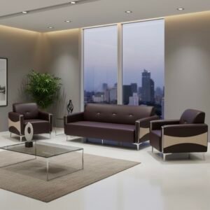 Modern Chinese Brown and Beige Leather Sofa Set