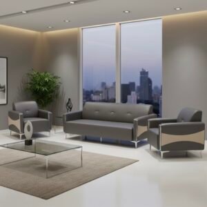 Modern Chinese Grey and Beige Leather Sofa Set