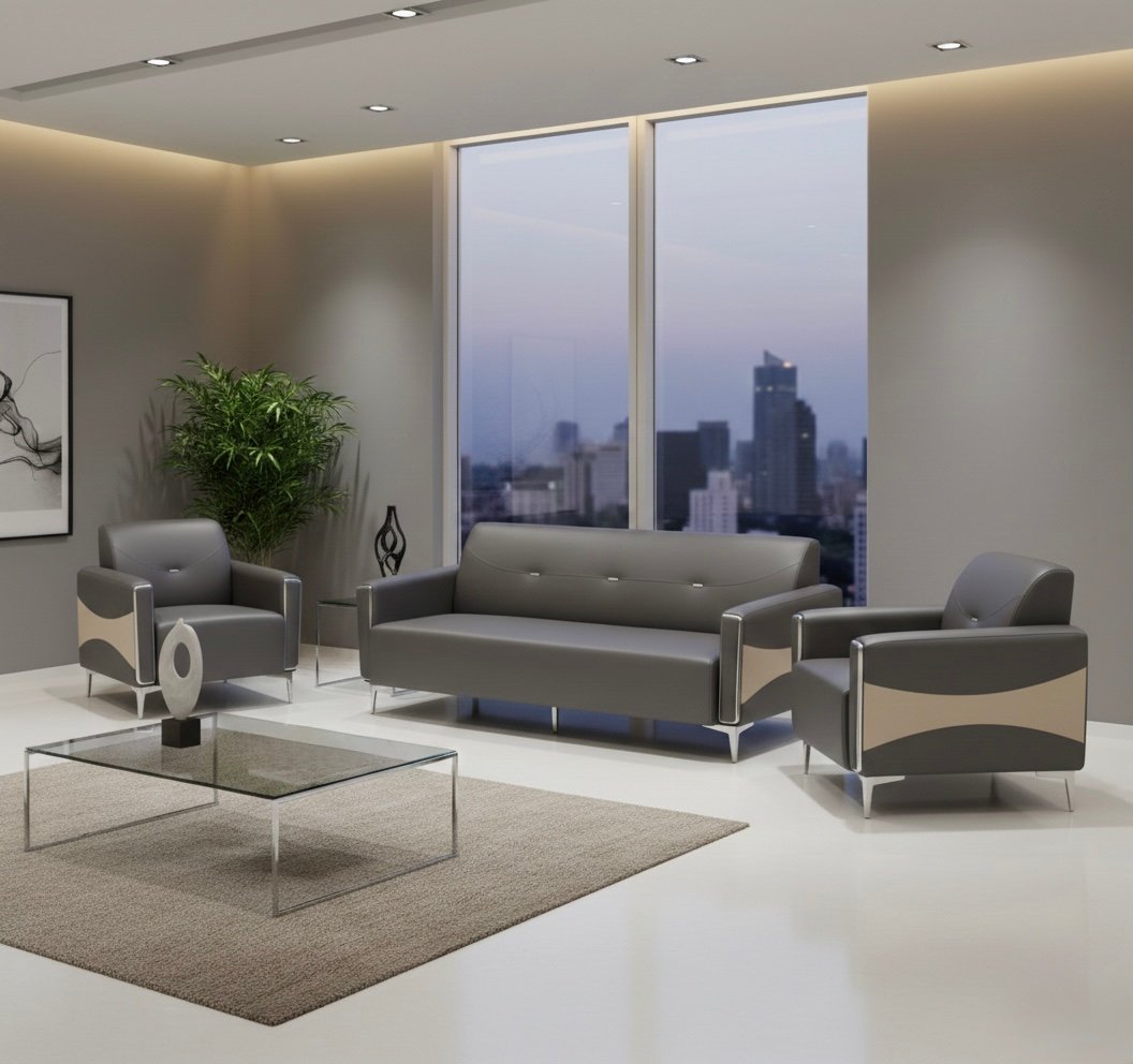 Modern Chinese Grey and Beige Leather Sofa Set