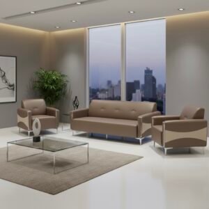 Modern Chinese Tan and Beige Leather Sofa Set