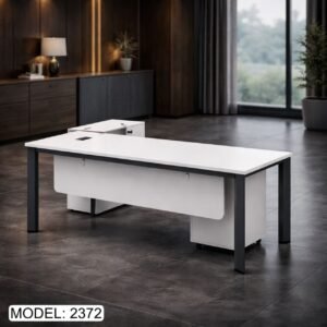 Modern Matt White Executive Desk with Charcoal Legs and Side Cabinet