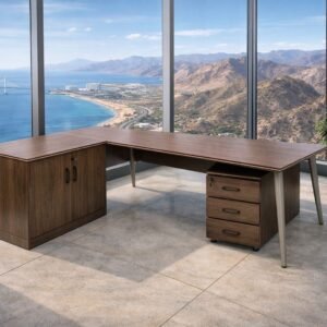 Modern Medium Size Office Table in Dark Walnut L Shape with 3 Drawer Mobile Pedestal and Side Cabinet