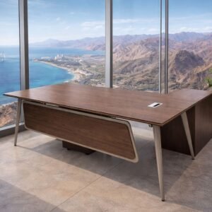 Modern Medium Size Office Table in Dark Walnut Wood with Tapered Metallic Legs and Back Modesty Panel