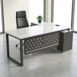 Modern Medium Size Office Table in Glossy White Top with Textured Charcoal Modesty Panel and Side Return