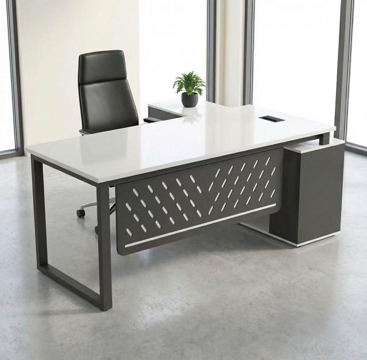 Modern Medium Size Office Table in Glossy White Top with Textured Charcoal Modesty Panel and Side Return