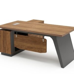 Modern Medium Size Office Table in Golden Walnut Wood with Curved Grey Angular Base and Modesty Board