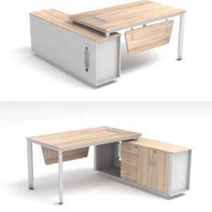 Modern Medium Size Office Table in Light Ash L Shape with White Frame and Extended Side Cabinet
