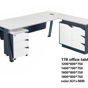 Modern Medium Size Office Table in Matt White L Shape with Navy Blue Frame and Full Side Credenza