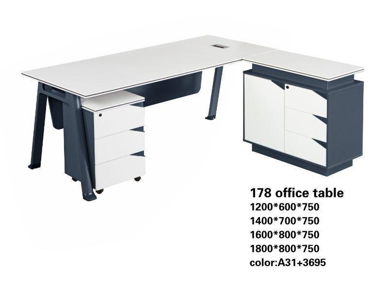 Modern Medium Size Office Table in Matt White L Shape with Navy Blue Frame and Full Side Credenza
