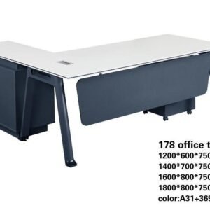 Modern Medium Size Office Table in Matt White L Shape with Navy Blue Frame and Side Return