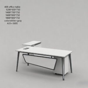 Modern Medium Size Office Table in Matt White with Grey Outline Frame and Side Cabinet