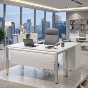 Modern Medium Size Office Table in Premium All White L Shape with Silver Metallic Legs