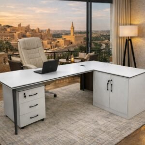 Modern Medium Size Office Table in Premium White L Shape with 3 Drawer Pedestal and Side Cabinet