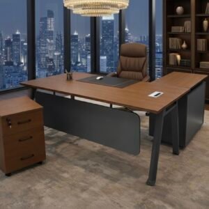 Modern Medium Size Office Table in Teak Wood with Dark Grey Frame and 3 Drawer Mobile Pedestal