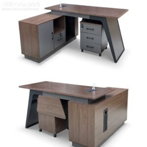Modern Medium Size Office Table in Teak Wood with Grey Angular Frame and Mobile Pedestal