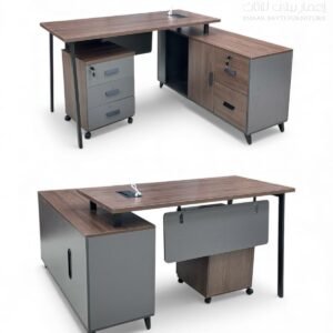 Modern Medium Size Office Table in Teak Wood with Sleek Grey Side Cabinet and Mobile Drawers