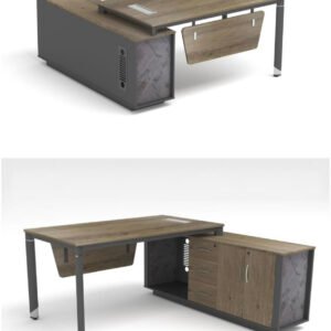 Modern Oak L Shaped Executive Desk with Extended Side Credenza and Drawers
