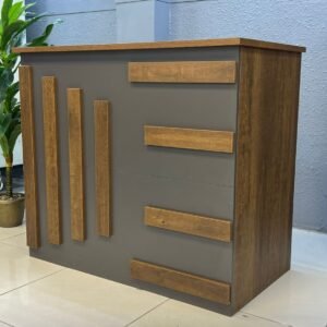 Modern Reception Counter in Charcoal Finish with Wooden Slats & Linear Accents