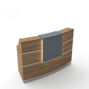 Modern Reception Counter in Curved Wooden Design with Gray Center Panel & Backlit Accents