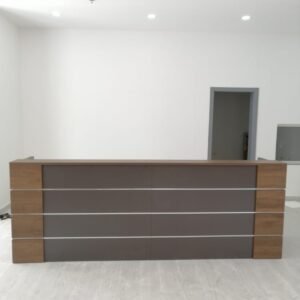 Modern Reception Counter in Matte Charcoal Finish with Wooden Side Pillars & Horizontal Silver Accents